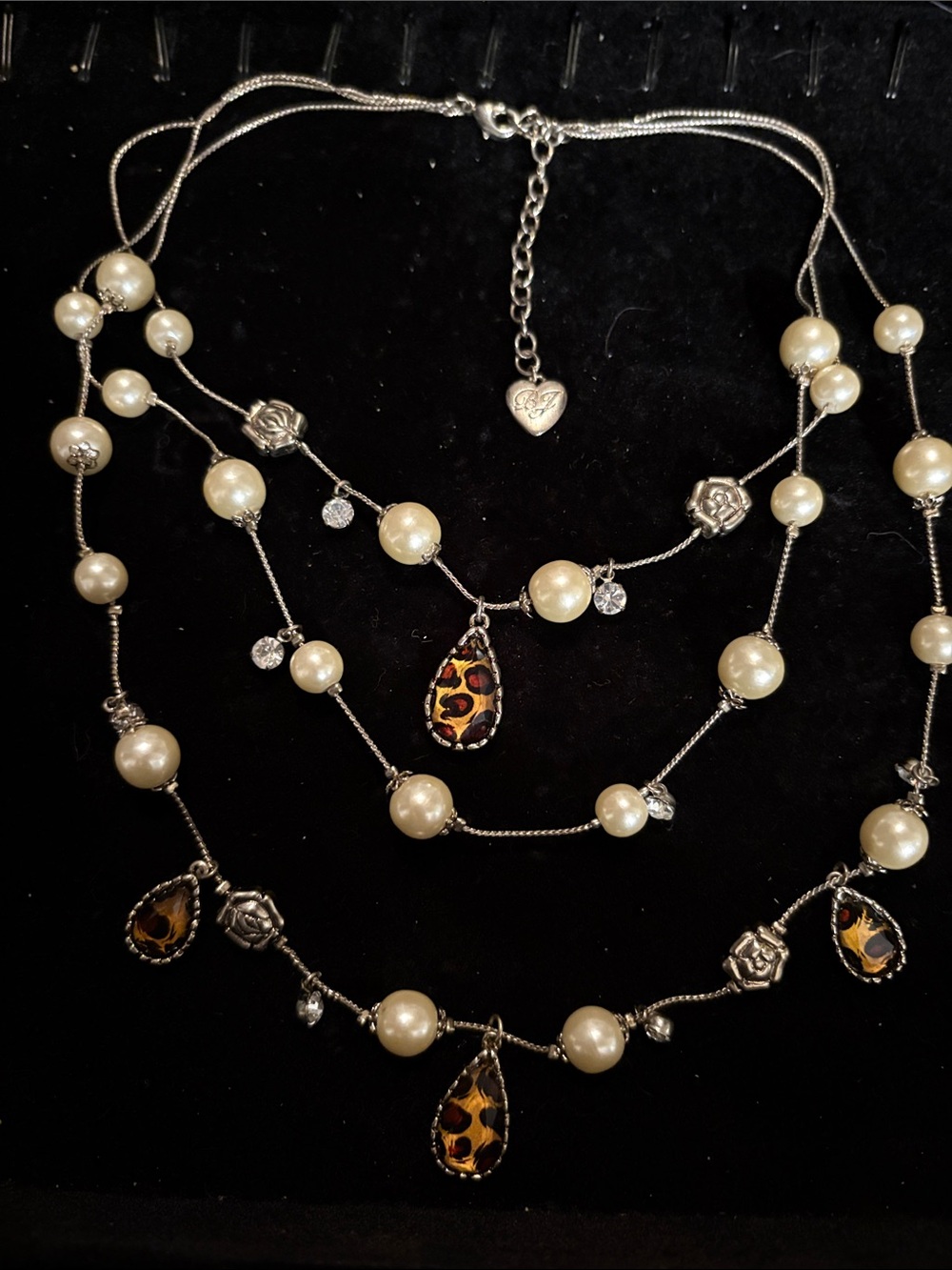 Betsey Johnson Pearl Layered Necklace with Leopard Teardrops